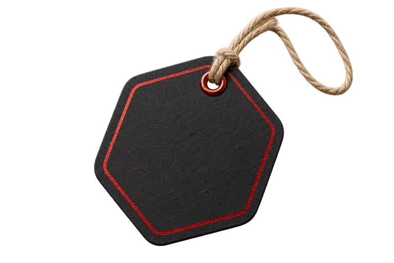 A black swing tag with a red foil border and cord.