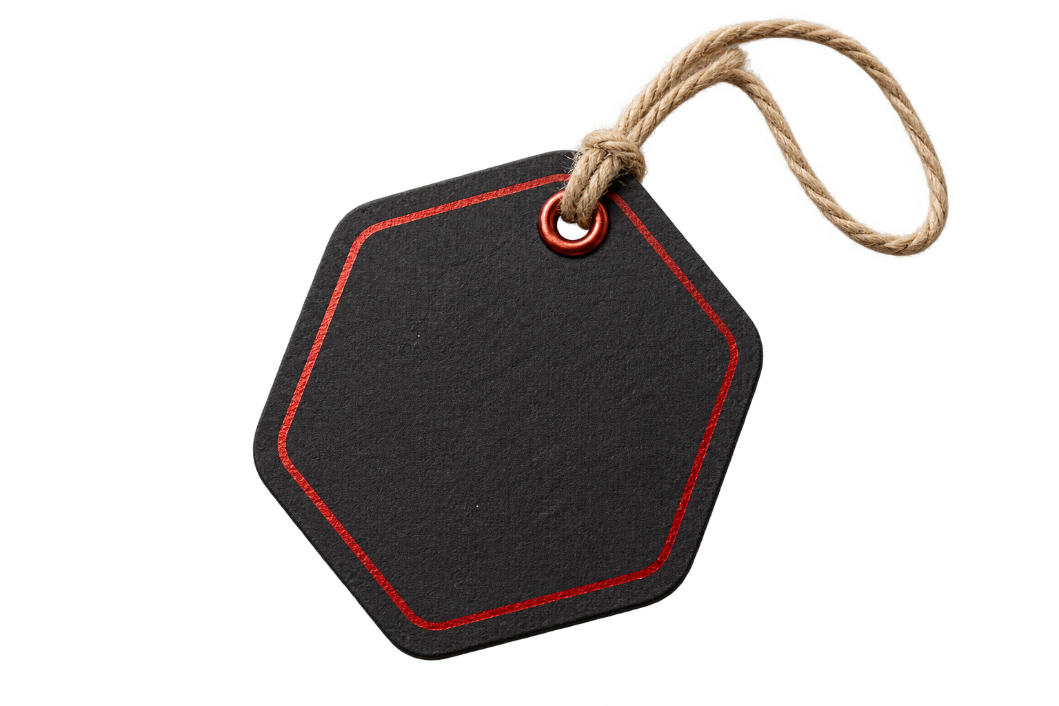 A black swing tag with a red foil border and cord.