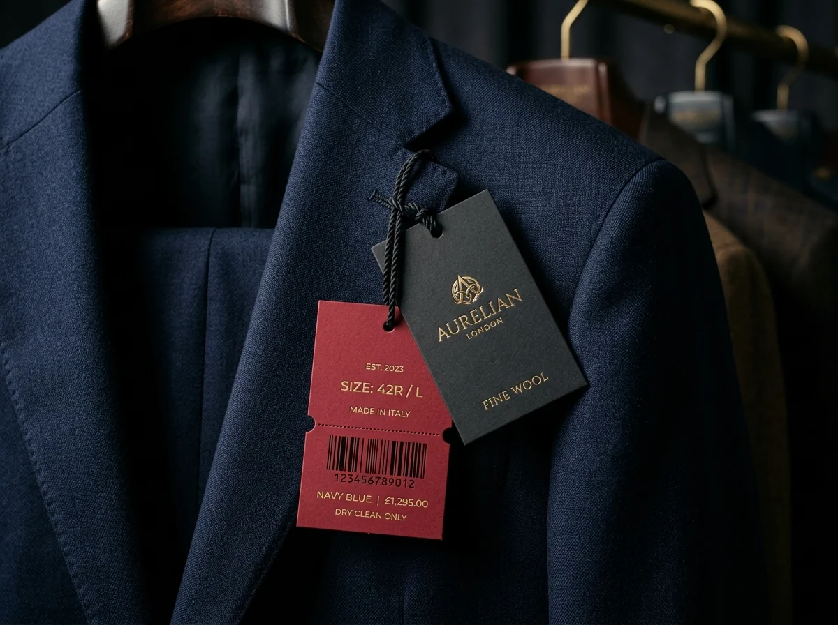Two swing tags attached to a jacket, showing different tag formats.