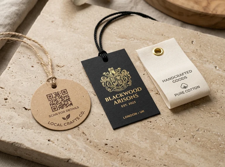 Artisan collection of custom printed swing tags with strings, QR codes, and metallic gold foil.
