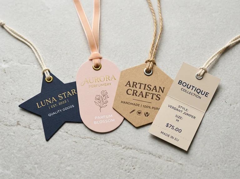 Assortment of die-cut star, oval, hexagon and folded boutique swing tags with strings.