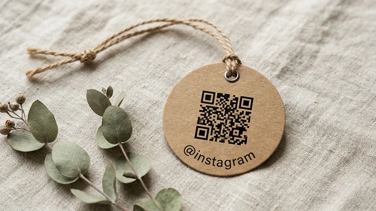 Circular brown kraft paper swing tag with QR code and natural jute twine on linen fabric.