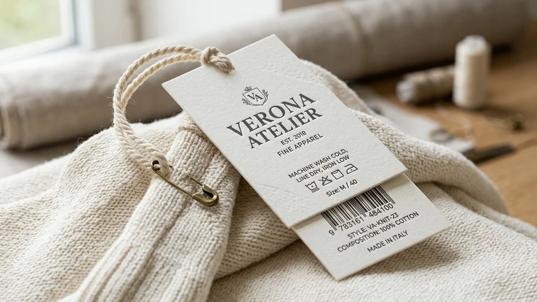 Custom printed luxury clothing swing tags with twisted cord and safety pin on knitwear garment.
