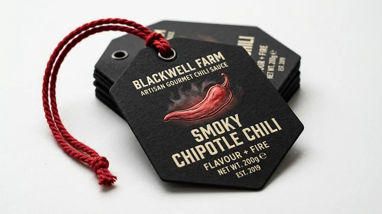Custom die-cut hexagonal gourmet food swing tag with vibrant red twisted string cord.