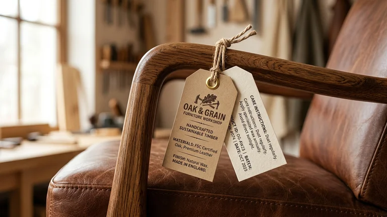 Custom printed kraft furniture swing tags with brass eyelet and jute twine tied to oak armchair.