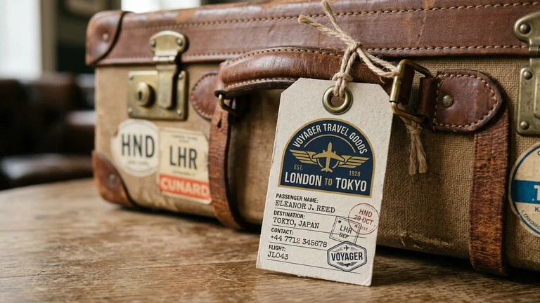 Heavy-duty custom printed luggage swing tag with brass eyelet and twine string on leather travel suitcase.