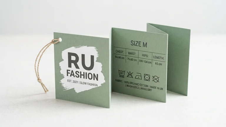 Standing mini accordion folded fashion swing tag with sizing chart and string attachment.
