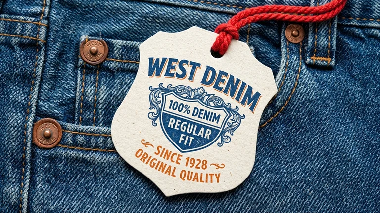 Die-cut shield crest swing tag with red cord attached to denim jeans pocket.