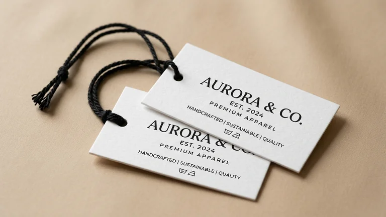 Pair of custom printed white standard clothing swing tags with black twisted string attachments.