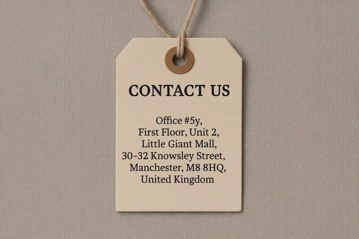 Custom Swing Tags printed contact swing tag with Manchester studio address
