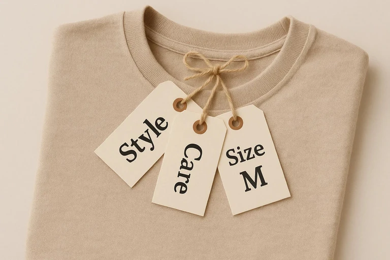 Fashion and apparel swing tags on garments.