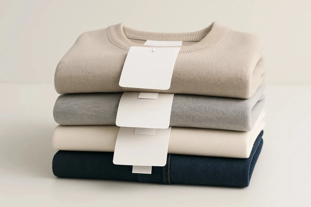 Folded clothing tags wrapped over garment labels on neatly stacked clothes.