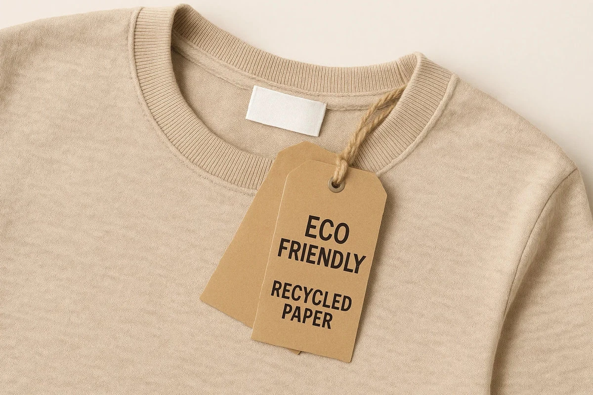Eco-friendly kraft clothing tags made of brown recycled paper.