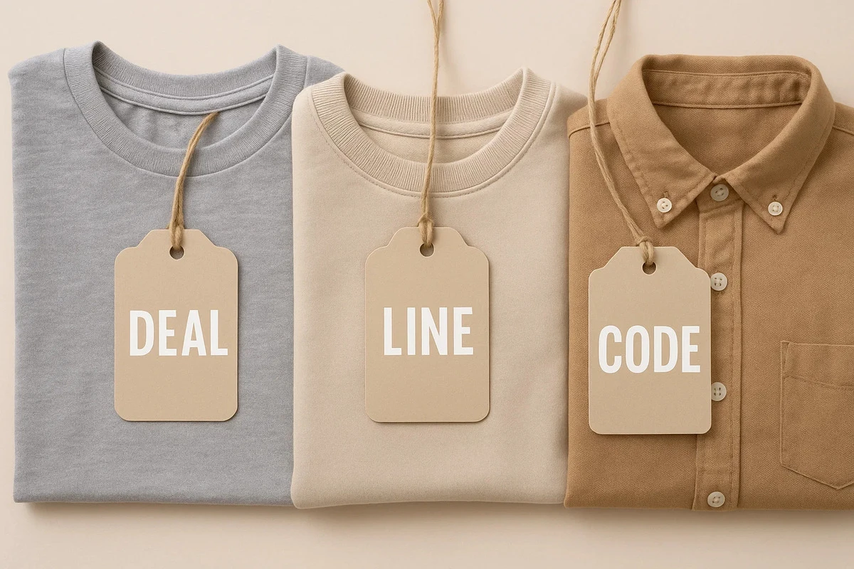 Die cut custom retail tags tied to store garments.
