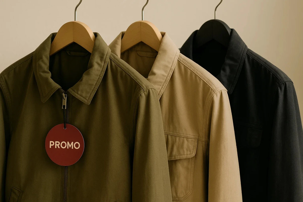 Round custom retail promotion tags attached to jackets.