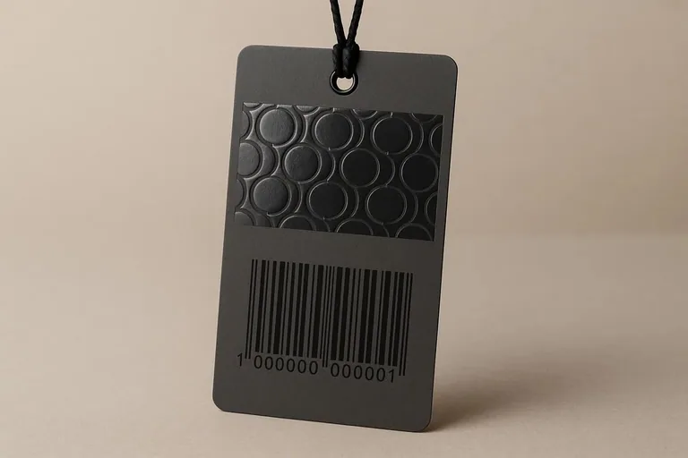 Sample swatch collection of custom swing tags and luxury print finishes.