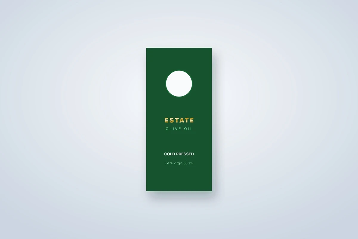 Green printed bottle neck hanger on a bottle of cold-pressed olive oil