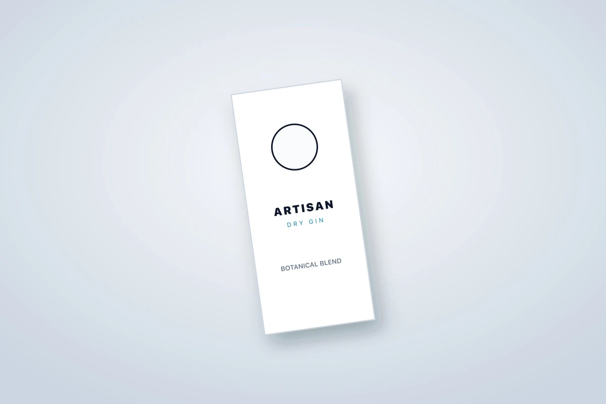 White artisan dry gin bottle neck tag with botanical product details