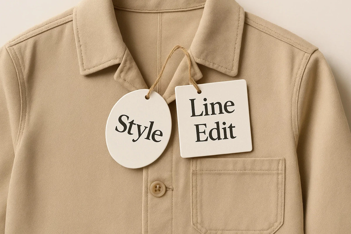 Custom shaped swing tags with Style, Line, and Edit tied to a jacket.