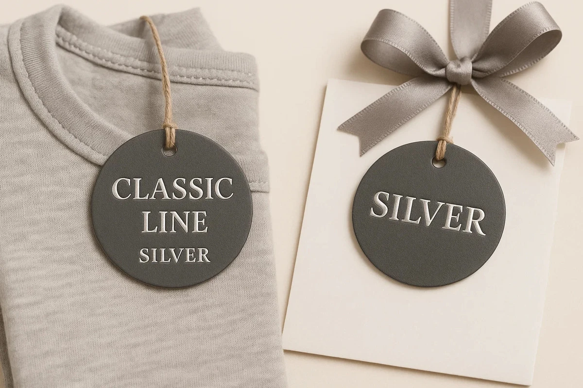 Round foil embossed swing tags tied to a folded shirt with ribbon.