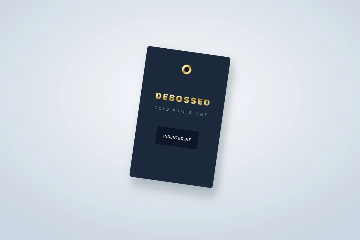 Navy swing tag combining debossed detail and gold foil