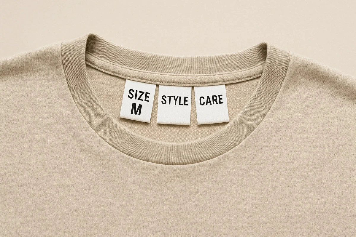 Classic fold-over swing tag on shirt showing size and garment care.
