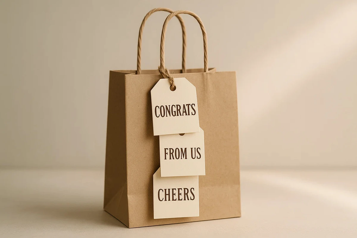 Custom gift hang tags tied to a retail gift bag.