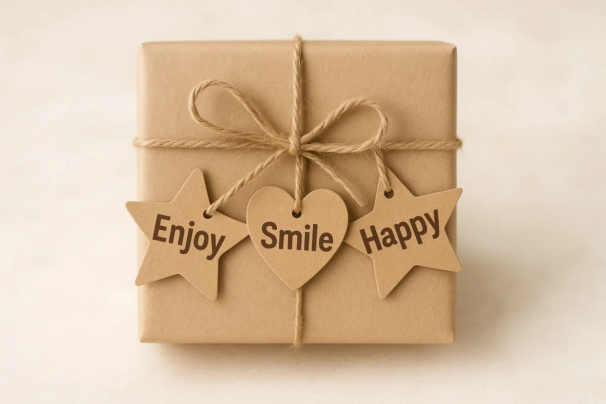 Die-cut gift hang tags on a ribboned gift box.