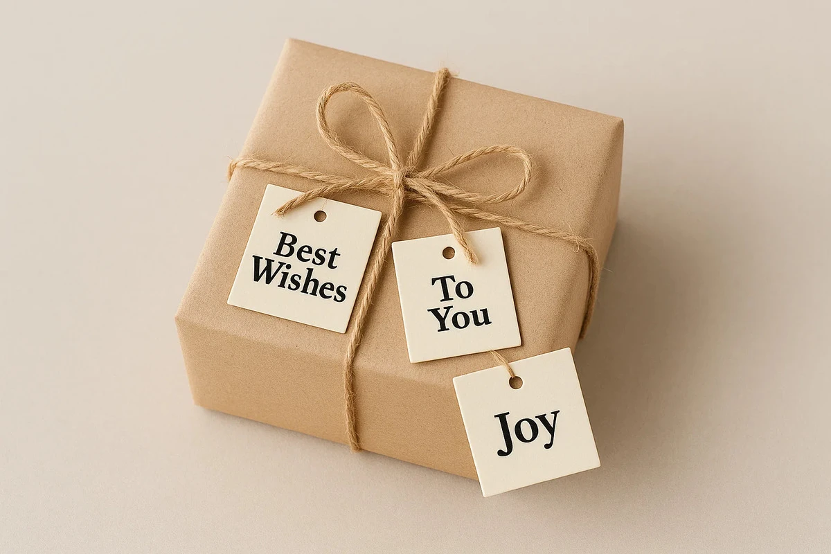 Square gift hang tags reading Best Wishes on a present.