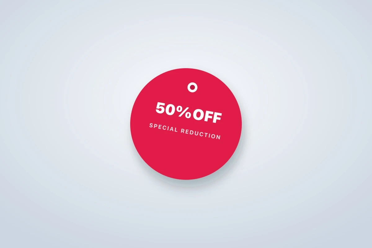 Rectangular retail sale tags with bold discount text.
