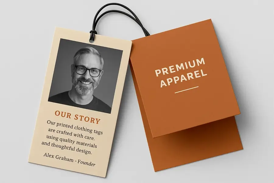 Folded printed swing tag with multi-panel layout