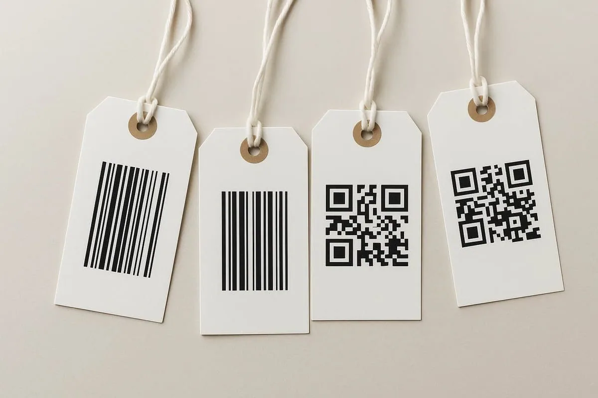 Swing tags with printed QR codes and barcodes