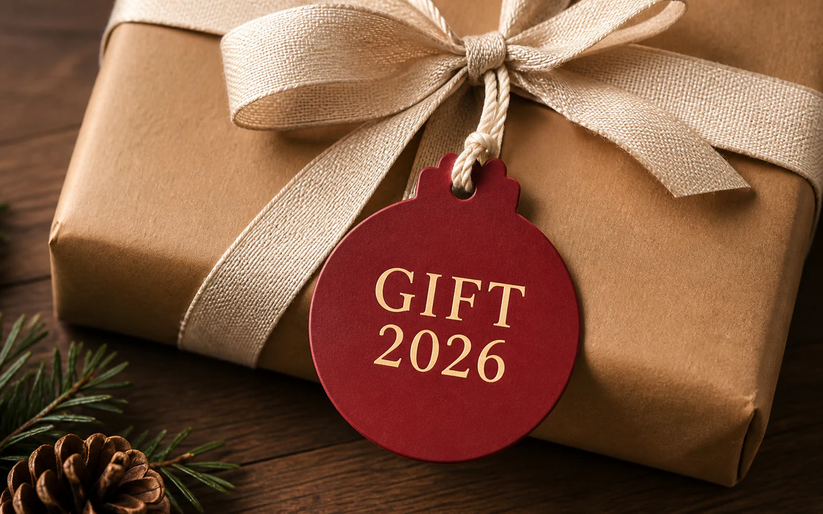 Christmas bauble shaped swing tag tied to a wrapped gift
