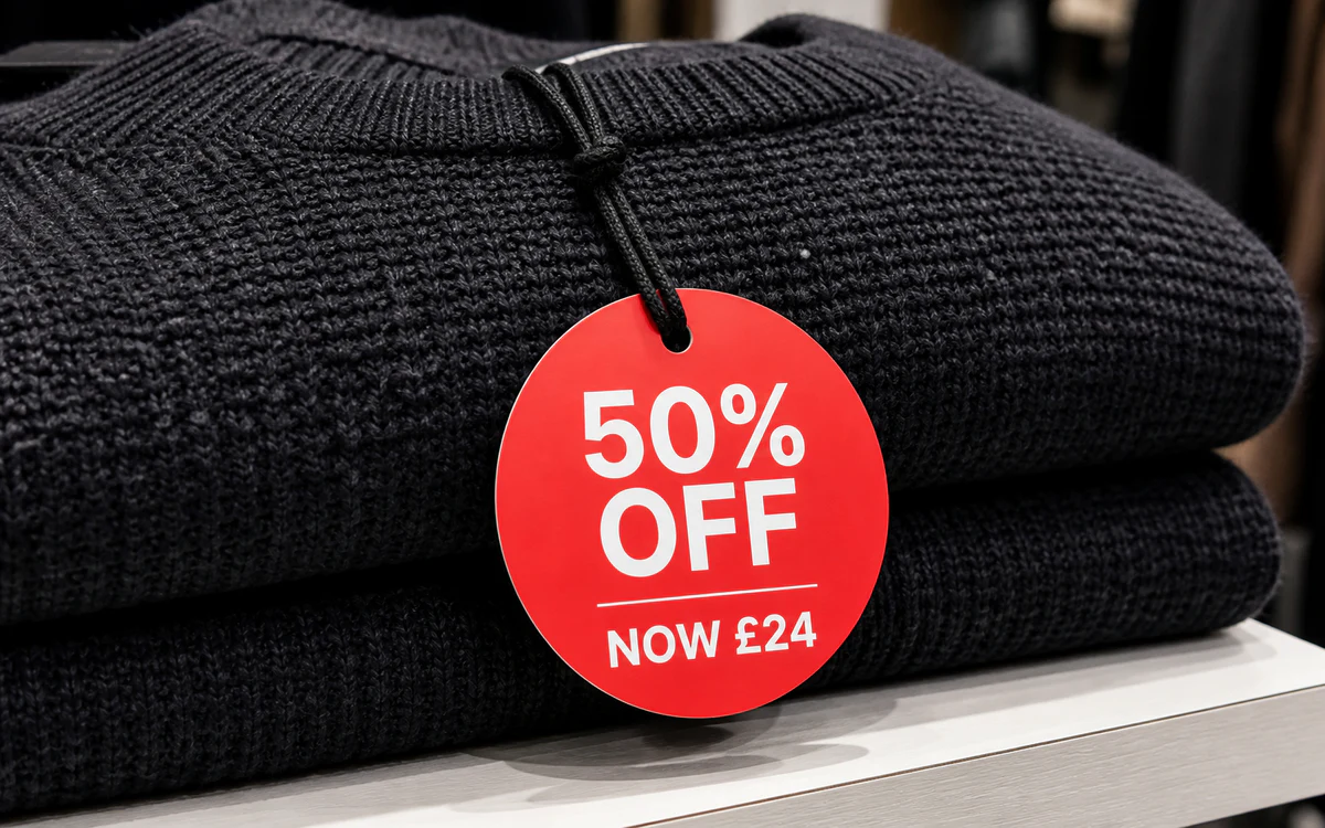Red circular sale swing tag attached to folded knitwear