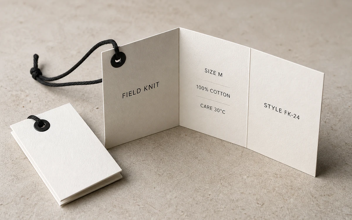 Open three-panel concertina swing tag with two clear fold lines and product information