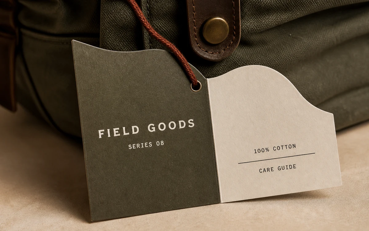Custom curved folded swing tag open to show its printed inner panel