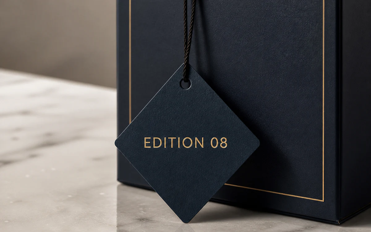 Diamond shaped swing tag on a premium fragrance carton