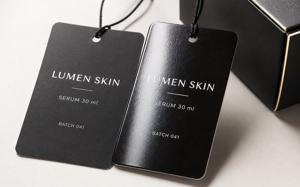 Printed gloss-laminated swing tags showing a controlled reflective finish