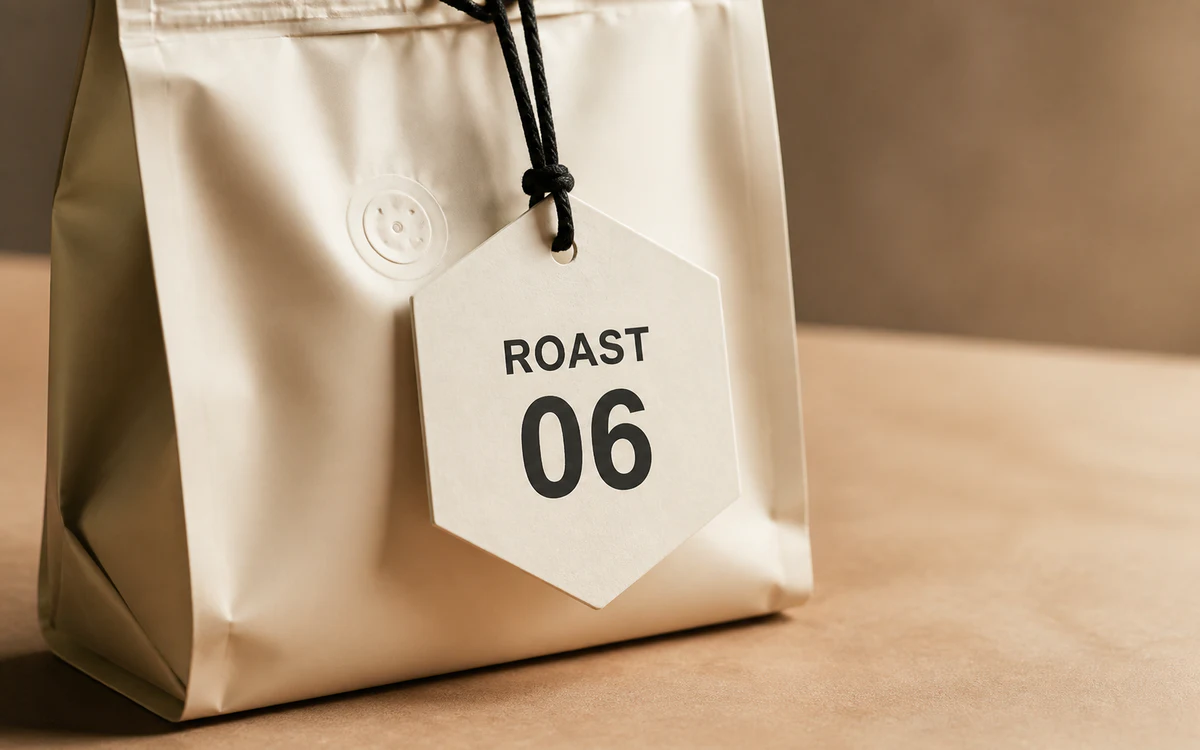 Hexagon swing tag attached to a premium coffee bag
