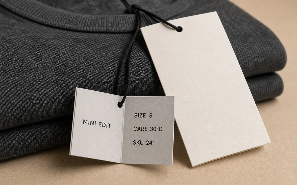 Small folded clothing swing tag shown open beside a standard tag for scale