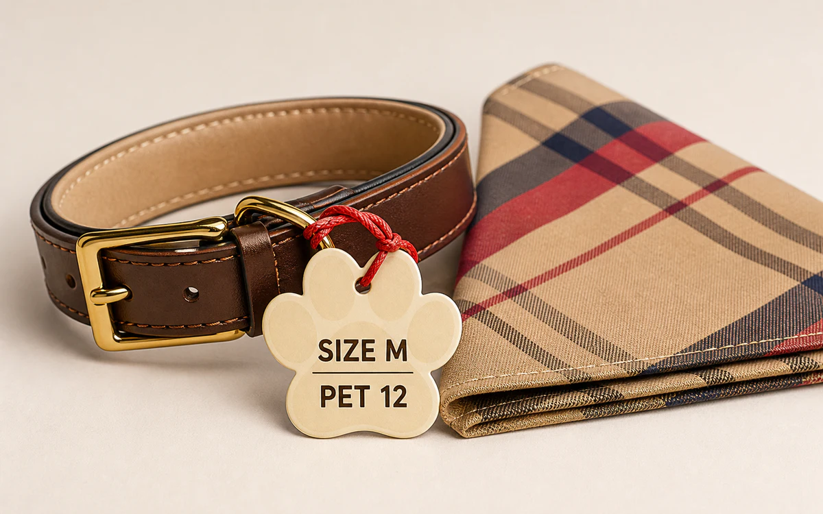Paw print shaped swing tag beside a dog collar and pet bandana