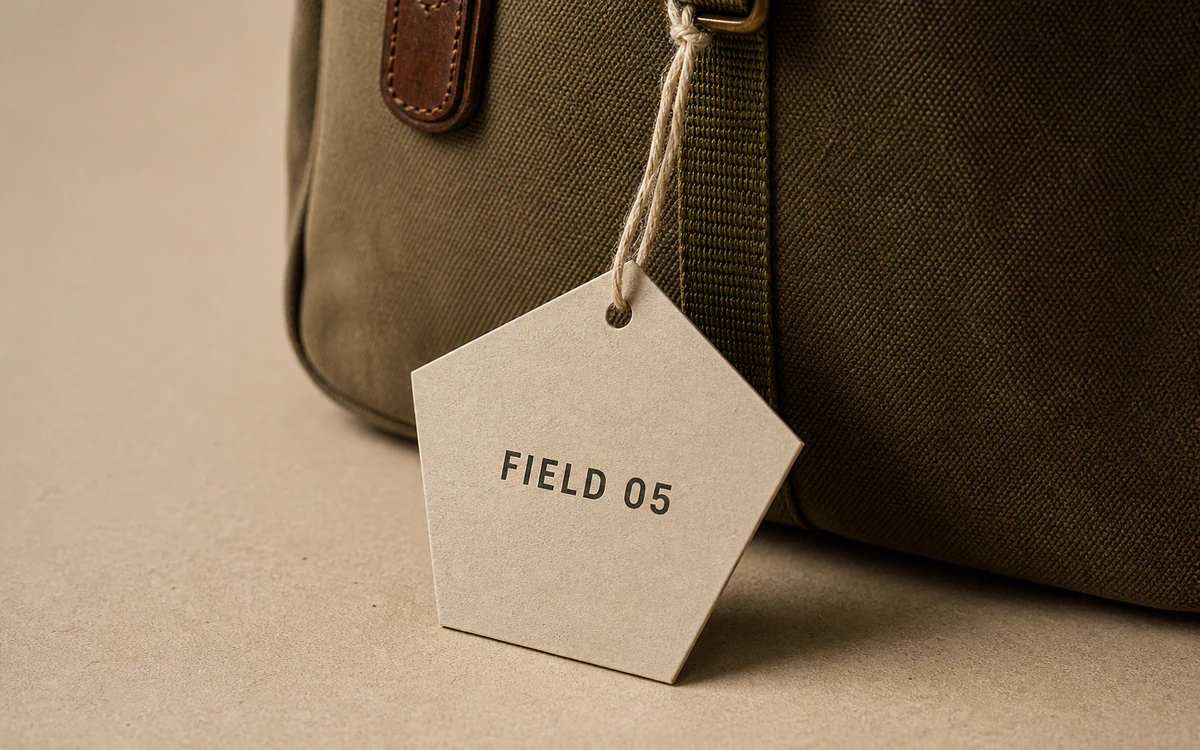 Pentagon swing tag attached to a canvas bag