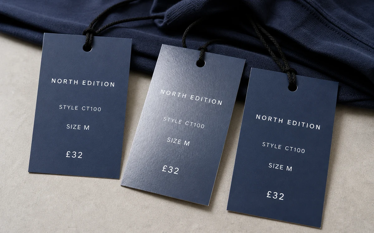 Three printed silk-coated card swing tags showing a smooth low-sheen surface
