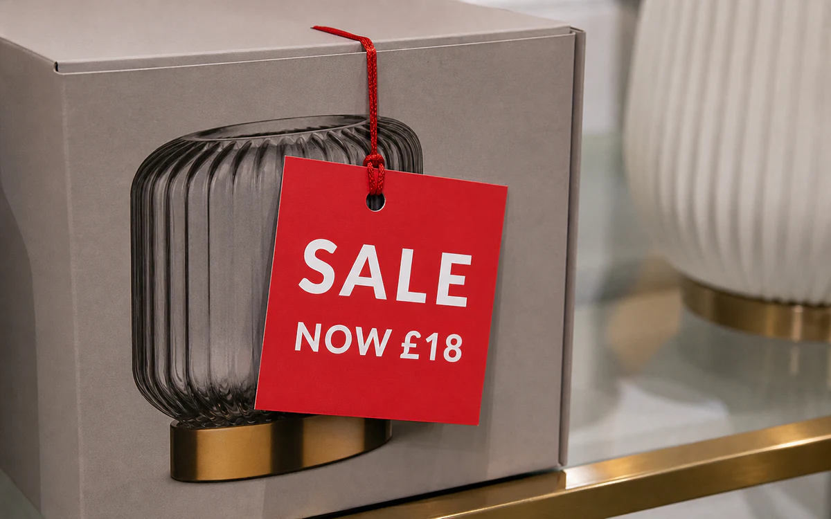 Square sale swing tag attached to boxed retail homeware