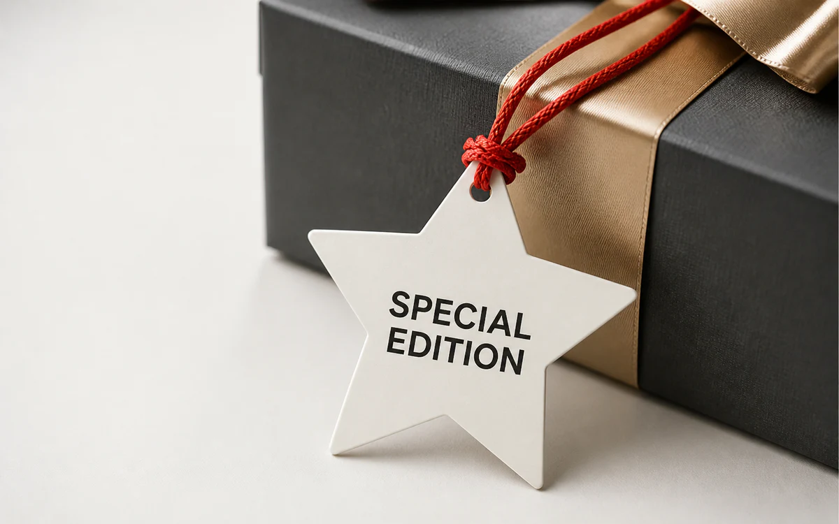 Star shaped swing tag tied to a gift box
