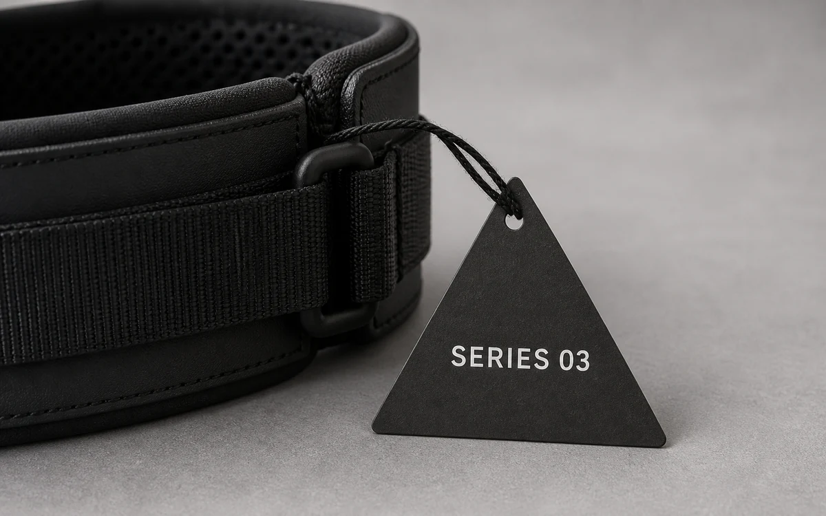Triangle swing tag attached to a premium sports accessory