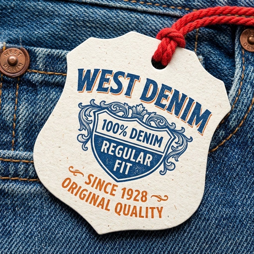 Die-cut shield crest swing tag with red braided cord on authentic denim jeans pocket.