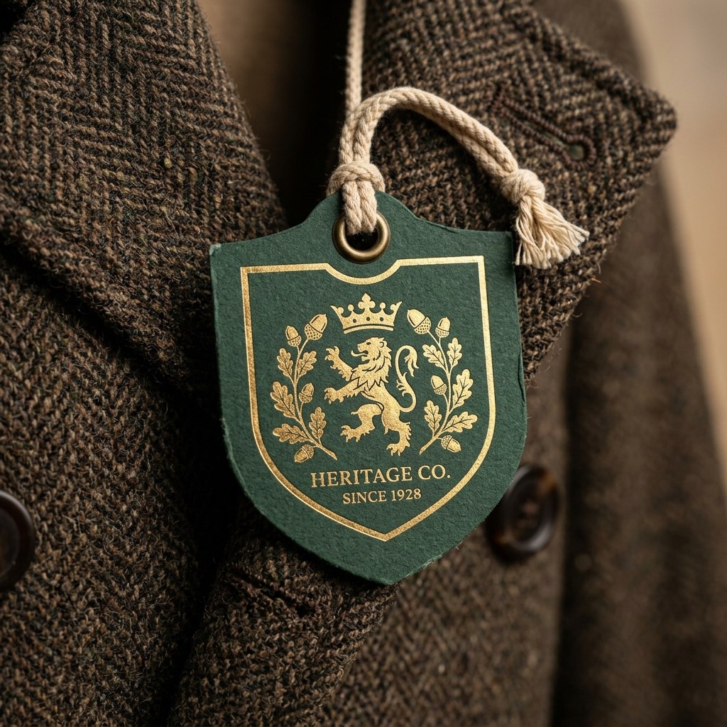 British racing green shield swing tag with gold hot foil crest on brown tweed jacket.