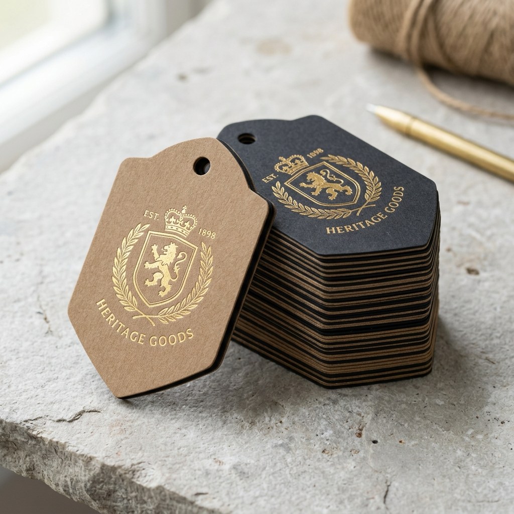 Stack of custom printed kraft and matte black shield swing tags showing precision cut dielines.