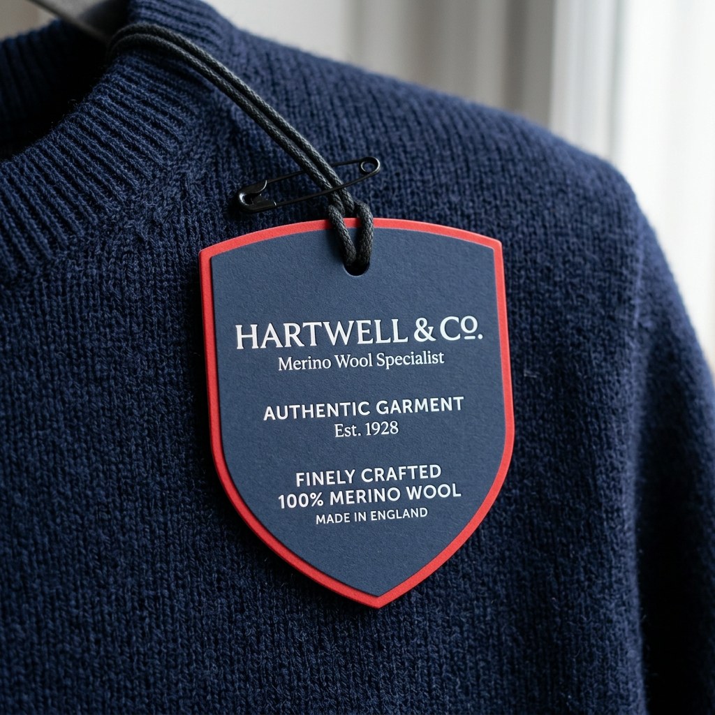 Navy blue and red bordered shield swing tag pinned to fine knit merino wool sweater.